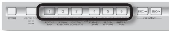 1 2 3 4 5 6 DEC/- INC/+ SPECIAL TONE OR ON OFF SYNTH/ PAD PIANO/ KEYBOARD ORGAN/ ACCORDION STINGS/ CHOR BRASS/ W WINDS GUITAR/ BASS VARIATION