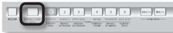 SPECIAL TONE SYNTH 1 SYNTH 2 SYNTH BASS TONE SYNTH/PAD PIANO/ KEYBOARD ORGAN/ ACCORDION VOLIN STRENS/ CHOIR BRASS/ W WINDS JAZZ SCAT GUITAR/ BASS DEC/- INC/+ VARIATION-