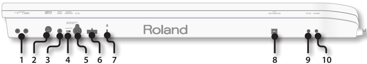 OUTPUT R /M/OWD ORDER BEE OUT FOOT PODAL POWER OR=0+ OFF DC IN USB COMPUTER EXTIN PHONES Roland 1 2 3 4 5 6 7 8 9 10