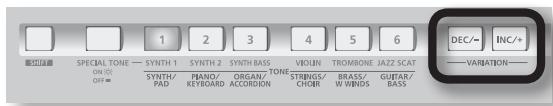 SPECIAL TONE — SYNTH 1 SYNTH 2 SYNTH BASS TONE VIOLIN TROMBONE JAZZ SCAT DEC/MI INC/+ VIRATION— OFF= SYNTH/PAD PIANO/KEYBOARD ORGAN/ACCORDIN STRIENGS/CHORR BRASS/W WINDS GUTAR/BASS