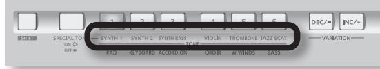 SPECIAL TONE ON ∥ OFF ∥ SYNTH 1 PADI SYNTH 2 KEYBOARD ACCORDION SYNTH BASS TONE CHORN TROMBONE JAZZ SCAT WINDS BASS VIOIN DEC/~ INC/+ VARIATION—