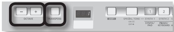 - + OCTAVE TRANSPOSE SINH 1 SPECIAL TONE — SYNTH 1 ON OFF = SYNTH/ PAD PANO/ KEYBOARD A 1 2 3 4