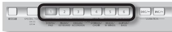1 2 3 4 5 6 DEC/- INC/+ SHEET SPECIAL TONE ON/OFF SYNTH/ PAD PIANO/ KEYBOARD ORGAN/TONE ACCORDION STRINGS/ CHOR BRASS/ W WINDS GUITAR/ BASS VARIATION—