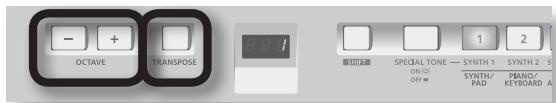- + OCTAVE TRANSPOSE SPTTLE SPECIAL TONE — SYNTH 1 ON ON OFF= 2 1 2 SYNTH 2 PANO/ PAD KYEBOARD A