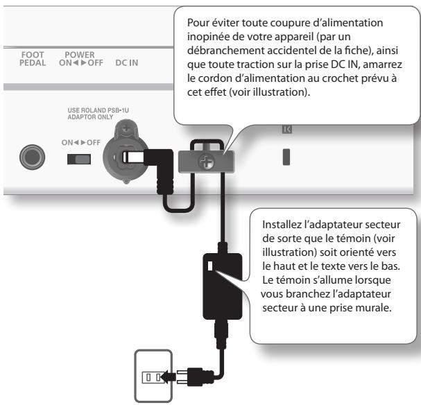 FOOT PEDAL POWER ON ◀ OFF DC IN USE ROLAND PSB-1U ADAPTOR ONLY ON ◀ OFF Pour éviter toute coupure d'alimentation inopinée de votre appareil (par un débranchement accidentel de la fiche), ainsi que toute traction sur la prise DC IN, amarrez le cordon d'alimentation au crochet prévu à cet effet (voir illustration). Installez l'adaptateur secteur de sorte que le témoin (voir illustration) soit orienté vers le haut et le texte vers le bas. Le témoin s'allume lorsque vous branchez l'adaptateur secteur à une prise murale.