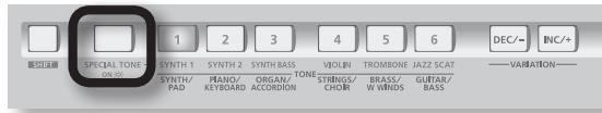 SPECIAL TONE SYNTH 1 SYNTH 2 SYNTH BASS SYNTH/PAD PIANO/ KEYBOARD ORGAN/ ACCORDION TONE VIOLIN STINGS/ CHOR TROMBONE JAZZ SCAT BRASS/ W WINDS GUITAR/ BASS DEC/- INC/+ -VARIATION-