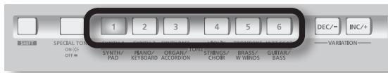 1 2 3 4 5 6 DEC/~ INC/+ SPECIAL TONE ON ST OFF SYNTH/ PAD PIANO/ KEYBOARD ORGAN/TONE ACCORDION STRINGS/ CHOR BRASS/ W WINDS GUITAR/ BASS VARIATION