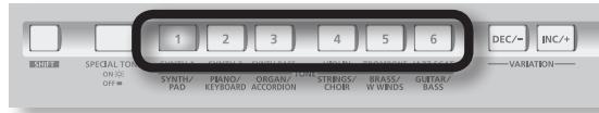 1 2 3 4 5 6 DEC/~ INC/+ SPECIAL TONE SYNTH/ PAD PIANO/ KEYBOARD ORGAN/ ACCORDION STINGS/ CHORI BRASS/ W WINDS GUTTAR/ BASS VARIATION