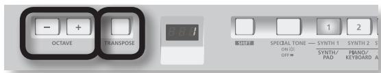 - + OCTAVE TRANSPOSE SPECIAL TONE — SYNTH 1 ON ON OFF SYNTH/ PAD PANO/ KEYBOARD A 1 2 3