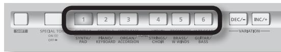 1 2 3 4 5 6 DEC/- INC/+ SPECIAL TONE OR OFF= SYNTH/ PAD PIANO/ KEYBOARD ORGAN/ ACCORDION STRINGS/ CHOB BRASS/ W WINDS GUTAR/ BASS VARIATION