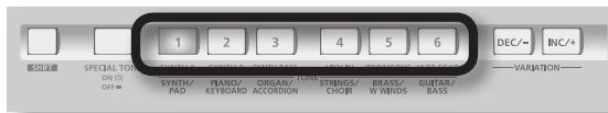 1 2 3 4 5 6 DEC/- INC/+ SPECIAL TONE OR OFF= SYNTH/ PAD PIANO/ KEYBOARD ORGAN/ ACCORDION STRINGS/ CHOIR BRASS/ W WINDS GUITAR/ BASS VARIATION
