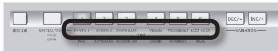 SPECIAL TONE ON/OFF 4 2 3 4 5 6 SYNTH 1 SYNTH 2 SYNTH BASS TONE VIOIN TROMBONE JAZZ SCAT PAD KEYBOARD ACCORDION CHOR W VINDS BASS DEC/- INC/+ VARIATION-