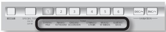 1 2 3 4 5 6 DEC/- INC/+ SPECIAL TONE ON ON OFF TONE SYNTH/ PAD PHANO/ KETBOARD ORGAN/ ACCORDIN STRINGS/ CHOR BRASS/ W WINDS GUITAR/ BASS VARIATION—