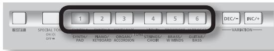 1 2 3 4 5 6 DEC/- INC/+ SPECIAL TONE ON/OFF SYNTH/ PAD PIANO/ KEYBOARD ORGAN/ ACCORDION STRINGS/ CHOR BRASS/ W WINDS GUITAR/ BASS VARIATION—