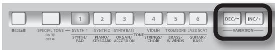 SPECIAL TONE ON ※ OFF # 1 2 3 4 5 6 SYNTH 1 SYNTH 2 SYNTH BASS VIOUN TROMBONE JAZZ SCAT SYNTH/ PAD PIANO/ KEYBOARD ORGAN/ ACCORDON STRINGS/ CHORB BRASS/ W WINDS GUITAR/ BASS TONE DEC/- INC/+ -VARIATION-