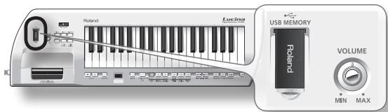 ROLAND LUCINA AX-09 - Insira a memória USB no slot USB MEMORY como mostrado na ilustração abaixo. - 1