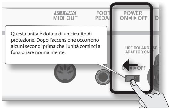 V-LINK MIDI OUT FOOT PEDAD POWER ON OFF Questa unità è dotata di un circuito di protezione. Dopo l'accensione occorrono alcuni secondi prima che l'unità cominci a funzionare normalmente. USE ROLAND USB- ADAPTOR ON ON OFF