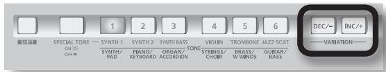SPECIAL TONE — SYNTH 1 SYNTH 2 SYNTH BASS TONE VIOLIN TROMBONE JAZZ SCAT DEC/— INC/+ VARIABLE—