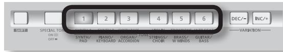 1 2 3 4 5 6 SPECIAL TONE ON 50 OFF= SYNTH/ PAD PIANO/ KEYBOARD ORGAN/ ACCORDION STRINGS/ CHOIR BRASS/ W WINDS GUTAR/ BASS/ DEC/- INC/+ VARIATION-