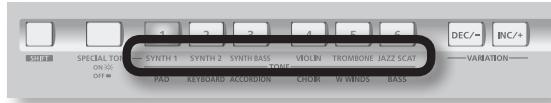 SPECIAL TONE ON STAIN OFF SYNTH 1 SYNTH 2 SYNTH BASS TONE VIOLN TROMBONE JAZZ SCAT PAD KEYBOARD ACCORDION CHORN W MINDS BASS DEC/- INC/+ VARIATION-