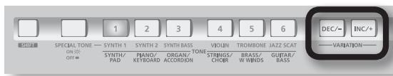 SPECIAL TONE ON/OFF 1 2 3 4 5 6 SYNTH 1 SYNTH 2 SYNTH BASS SYNTH/PAD PIANO/ KEYBOARD ORGAN/ ACCORDION TONE STRIENGS/ CHOIR BRASS/ W WINDS GUITAR/ BASS DEC/- INC/+ VARIATION-