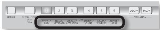 SPECIAL TONE ON STICK OFF SYNTH/ PAD PIANO/ KEYBOARD ORGAN/ ACCORDN TONE STRINGS/ CHOR BRASS/ W WINGS GUITAR/ BASS DEC/- INC/+ VARIATION-