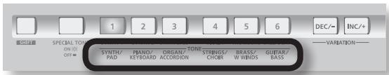 SPECIAL TONE ON/OFF SYNTH/ FAD PIANO/ KEYBOARD ORGAN/ ACCORDON TONE STRINGS/ CHORR BRASS/ W/WINGS GUITAR/ BASS DEC/- INC/+ VARIATION-