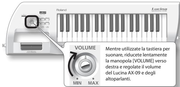 Roland Lucina VOLUME Mentre utilizzate la tastiera per suonare, riducete lentamente la manopola [VOLUME] verso destra e regolate il volume del Lucina AX-09 e degli altoparlanti.