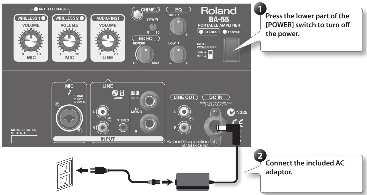ROLAND BA-55 - Connecting the AC adaptor - 1