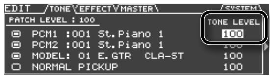 EDIT /TONE\EFFECT\MASTER\ /PATCH LEVEL : 100 PCM1 :001 St.Piano 1 PCM2 :001 St.Piano 1 MODEL: 01 E.GTR CLA-ST NORMAL PICKUP /TONE LEVEL 100 100 100 100