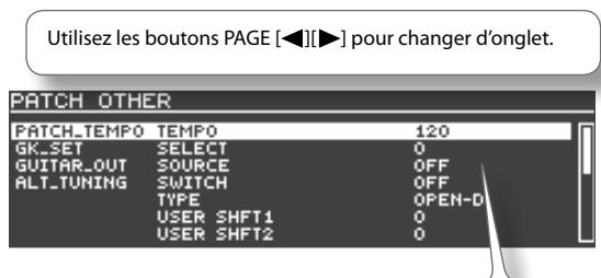 Utilisez les boutons PAGE [◀][▶] pour changer d'onglet. PATCH OTHER PATCH_TEMPO TEMPO 120 GK_SET SELECT 0 GUITAR_OUT SOURCE OFF ALT_TUNING SWITCH OFF TYPE OPEN-D USER SHFT1 0 USER SHFT2 0