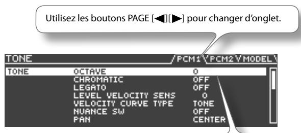 Utilisez les boutons PAGE [◀][▶] pour changer d'onglet. TONE /PCM1 'PCM2 'MODEL TONE OCTAVE 0 CHROMATIC OFF LEGATO OFF LEVEL VELOCITY SENS 0 VELOCITY CURVE TYPE TONE NURANCE SW OFF PAH CENTER