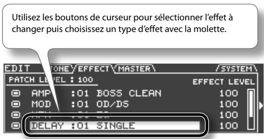 Utilisez les boutons de curseur pour sélectionner l'effet à changer puis choisissez un type d'effet avec la molette. EDIT ZONE / EFFECT MASTER / SYSTEM\ PATCH LEVEL : 100 EFFECT LEVEL AMP :01 BOSS CLEAN MOD :01 OD/DS DELAY :01 SINGLE 100 100 100 100 100