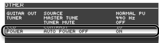 OTHER GUITAR OUT SOURCE NORMAL PU TUNER MASTER TUNE 440 Hz TUNER MUTE OFF CCD CONTRAST POWER AUTO POWER OFF ON