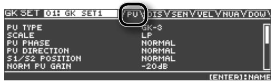 GK SET 01: GK SET1 PU TYPE SCALE PU PHASE PU PHASE S1/S2 POSITION NORM PU GAIN GK-3 LP NORMAL NORMAL NORMAL -20dB [ENTER]:NAME