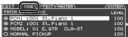 EDIT /TONE EFFECT MASTER/ /SYSTEM\ PATCH 000 LEVEL PCM1 :001 St.Piano 1 100 PCM2 :001 St.Piano 1 100 MODEL: 01 E.GTR CLA-ST 100 NORMAL PICKUP 100