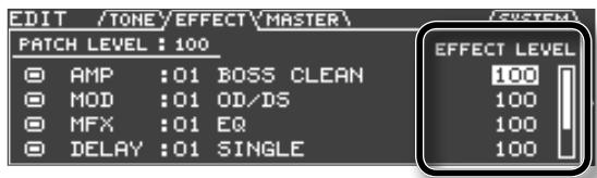 EDIT /TOME\EFFECT\MASTER\ PATCH LEVEL : 100 AMP :01 BOSS CLEAN MOD :01 OD/DS MFX :01 EQ DELAY :01 SINGLE [EFFECT LEVEL 100 100 100 100