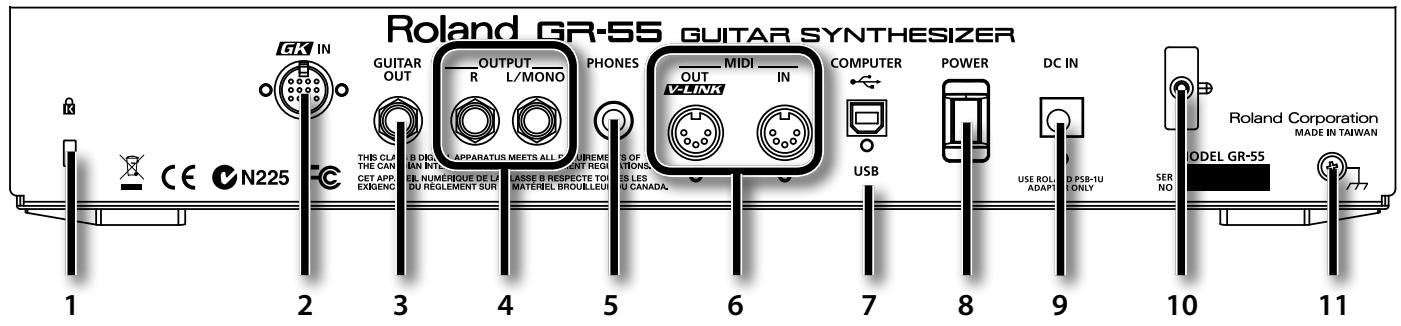 Roland GR-55 GUITAR SYNTHESIZER GK IN GUITAR OUT OUTPUT R L/MONO PHONES MIDI IN THIS CLA B DKI AN INTLE APPARATUS MEETS ALL PUREME REG I TIONS OF LASE B RESPECTE TO US LES MATERIEL BROUBLE U CANADA. COMPUTER POWER DC IN USB USE ROLI ADAPT. D PSB-1U ONLY SER NO Roland Corporation MADE IN TAIWAN MODEL GR-55 1 2 3 4 5 6 7 8 9 10 11