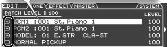 EDIT /ONE\EFFECT\MASTER\ /SYSTEM\ PATCH LEVEL : 100 LEVEL PCM1 :001 St.Piano 1 100 PCM2 :001 St.Piano 1 100 MODEL: 01 E.GTR CLA-ST 100 NORMAL PICKUP 100