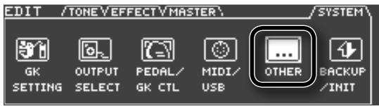 EDIT /TONE Y EFFECT Y MASTER / SYSTEM GK OUTPUT PEDAL/ MIDI/ OTHER BACKUP SETTING SELECT GK CTL USB /INIT