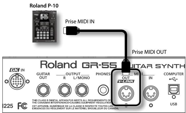 Roland P-10 Prise MIDI IN Prise MIDI OUT Roland GR-55 GUITAR SYNTH GK IN OUT OUTPUT R L/MONO PHONES MI IN OUT V-LINK COMPUTER THIS CLASS B DIGITAL APPARATUS MEETS ALL REQUIREMENTS OF THE CANADIAN INTERFERENCE-CAUSING EQUIPMENT REGULATION CET APPAREL NUMÉRIQUE DE LA CLASSE B RESPECTE TOUTES LES EXGENCES DU REGLEMENT SUR LE MATERIEL BROUILLEUR DU CANADA. 225 FC