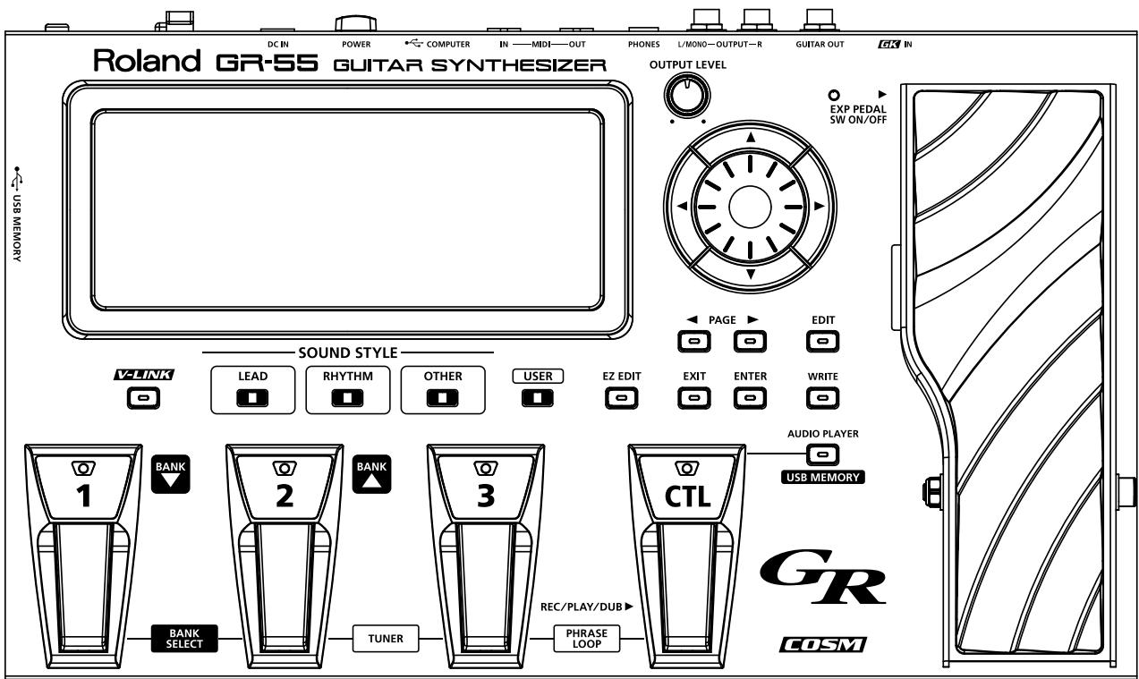 DC IN POWER COMPUTER IN MIDI—OUT PHONES L/MONO—OUTPUT—R GUITAR OUT EX IN Roland GR-55 GUITAR SYNTHESIZER OUTPUT LEVEL EXP PEDAL SW ON/OFF PAGE EDIT V-LINK LEAD RHYTH OTHER USER EZ EDIT EXIT ENTER WRITE AUDIO PLAYER USB MEMORY 1 BANK 2 BANK 3 CTL BANK SELECT TUNER REC/PLAY/DUB PHRASE LOOP GR COSM USB MEMORY