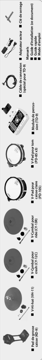 Pad de grosse caisse (KD-9) V-Hi-hat (VH-11) V-Cymbal pour crash (CY-12C) V-Cymbal pour ride (CY-13R) V-Pad pour caisse claire (PD-105) V-Pad pour tom (PD-85 x3) Module de percussion (TD-9) Câble de connexion (spécial pour TD-9) Adaptateur secteur Clé de serrage Manuels Guide d'installation (ce document) Guide rapide Mode d'emploi