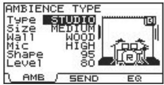 AMBIENCE TYPE Type STUDIO Size MEDIUM Wall WOOD Mic HIGH Shape 95 Level 80 AMB SEND EQ
