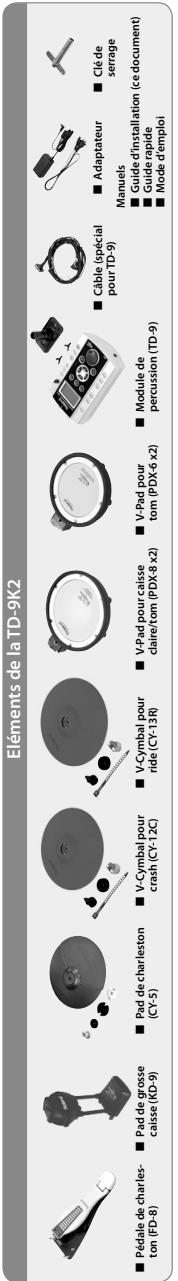Éléments de la TD-9K2 Pédale de charles- ton (FD-8) Pad de grosse caisse (KD-9) Pad de charleston (CY-5) V-Cymbal pour crash (CY-12C) V-Cymbal pour ride (CY-13R) V-Pad pour caisse claire/tom (PDX-8 x2) V-Pad pour tom (PDX-6 x2) Module de percussion (TD-9) Câble (spécial pour TD-9) Adaptateur Manuels Guide d'installation (ce document) Guide rapide Mode d'emploi Clé de serrage
