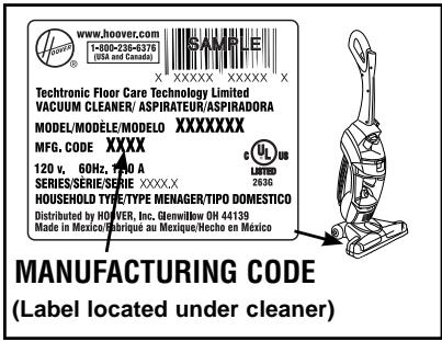 HOOVER HARD FLOOR CLEANER FH40010 - MFG.CODE - 1