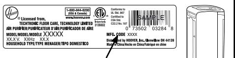 HOOVER WH10400 - Code de fabrication - 1