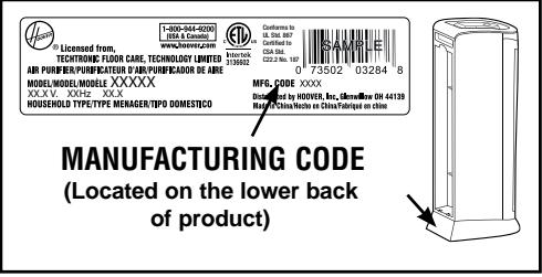 HOOVER WH10400 - MFG.CODE - 1
