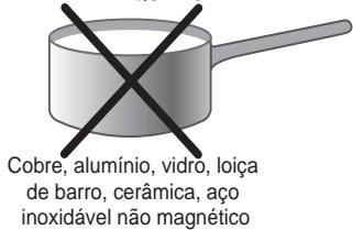 Cobre, alumínio, vidro, loiça de barro, cerámica, aço inoxidável não magnético