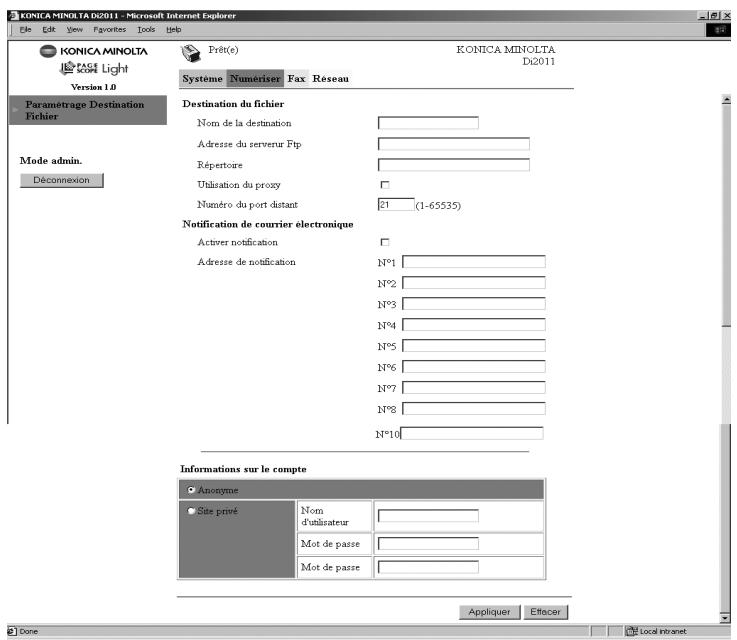 KONICA MINOLTA DI1611 TWAIN - Ajout d'un nouveau réglage de numérotation abrégée (serveur FTP) - 1